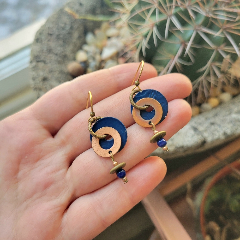 Vintage Gold & Navy Dangle Drop Hanging Hook Geometric Boho Earrings - Picture 4 of 7